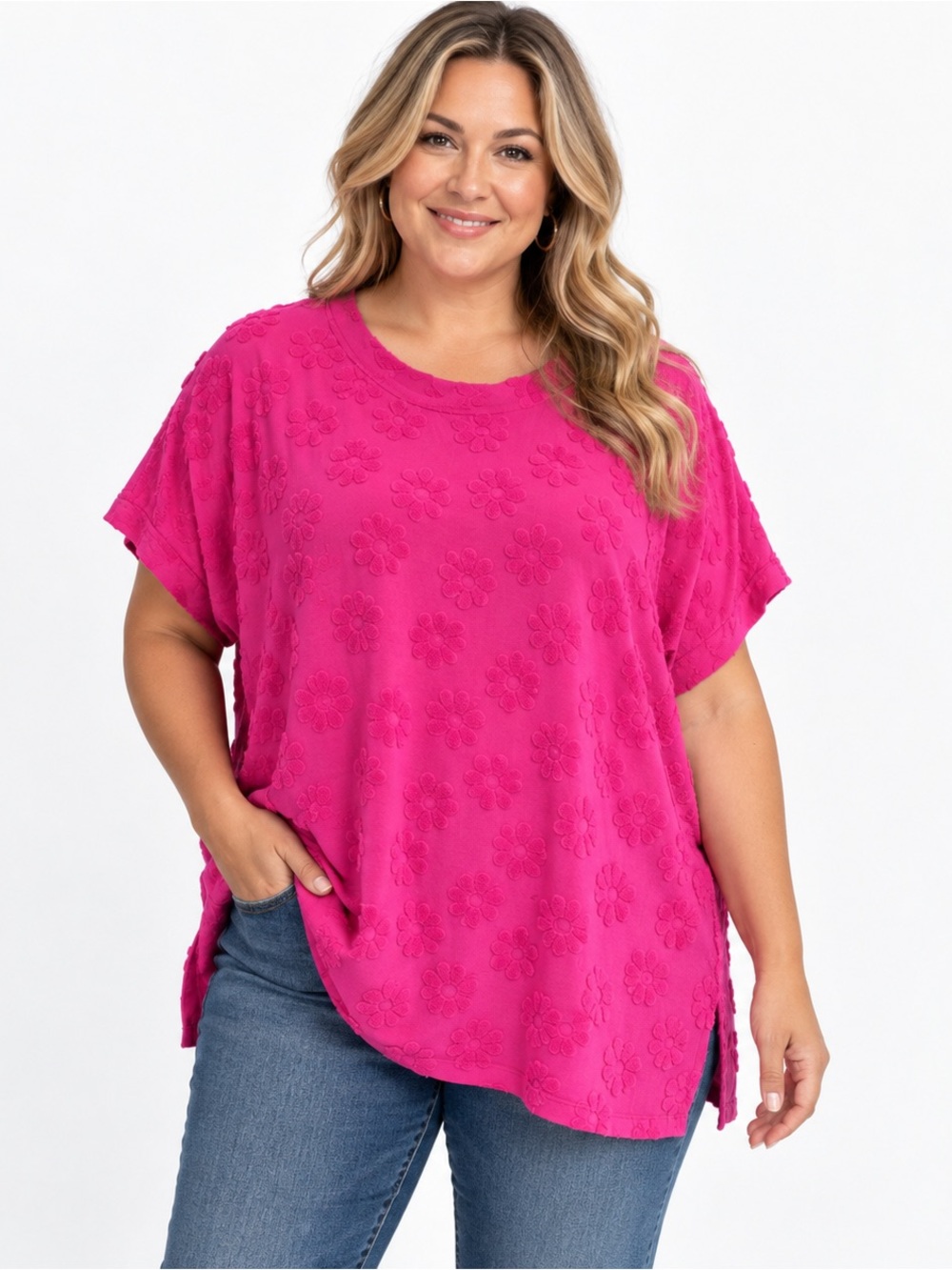 Celeste Hot Pink Textured Floral Top – Size 1XL